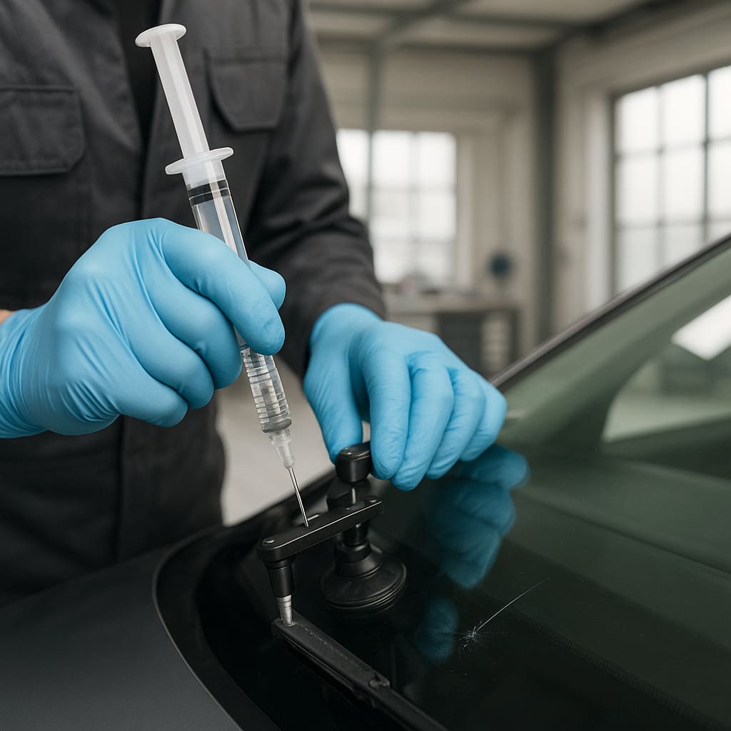 Detailaufnahme einer sorgfältigen Windschutzscheiben-Reparatur